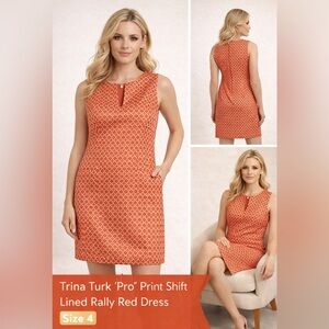 Trina Turk Red Geometric Shift Dress Size 4 | Lined Keyhole Neck Chic